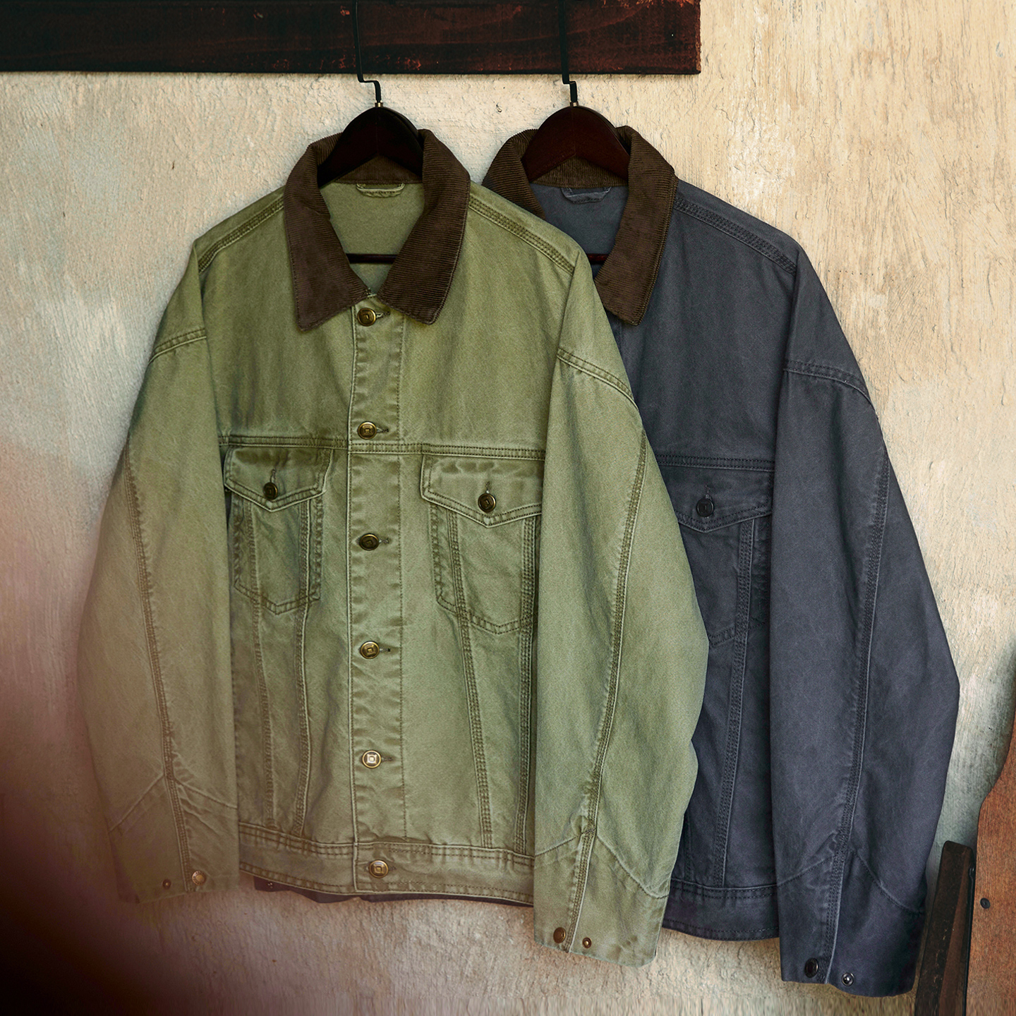 底特律復古軍綠色水洗牛仔外套男2025秋季新款撞色翻領工裝夾克