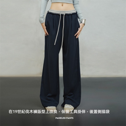 美式抽繩鬆緊腰闊腿褲寬鬆顯瘦直筒休閒長褲垂墜感拖地褲秋女-Retro's Wear