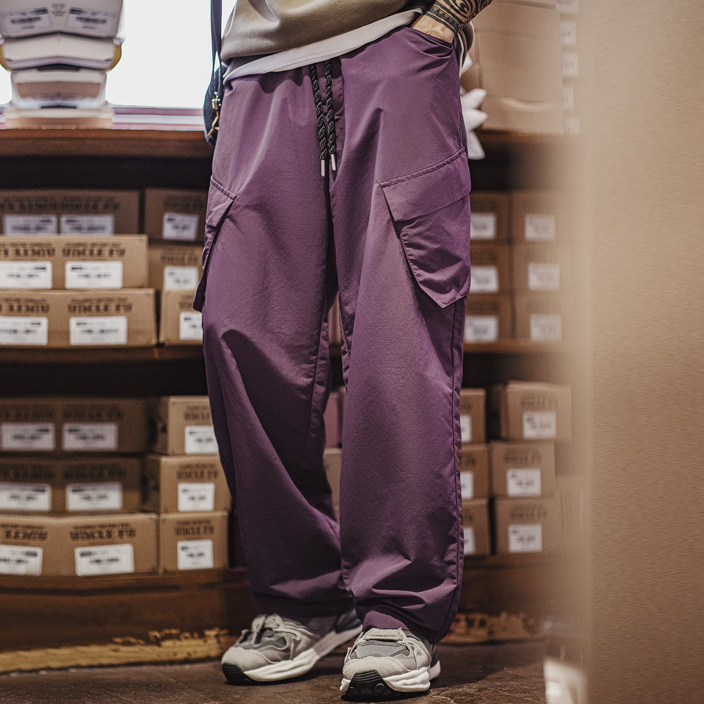 輕美式山系速幹休閒褲大口袋透氣薄款紫色長褲子男夏秋