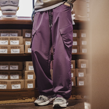 輕美式山系速幹休閒褲大口袋透氣薄款紫色長褲子男夏秋