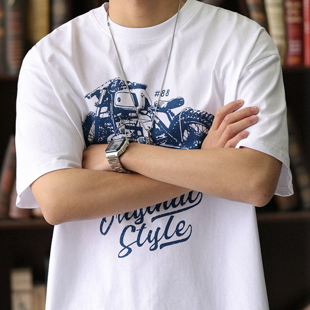 美式休閒機車印花短袖T恤男寬鬆圓領阿美哢嘰硬漢純棉TEE夏-Retro's Wear