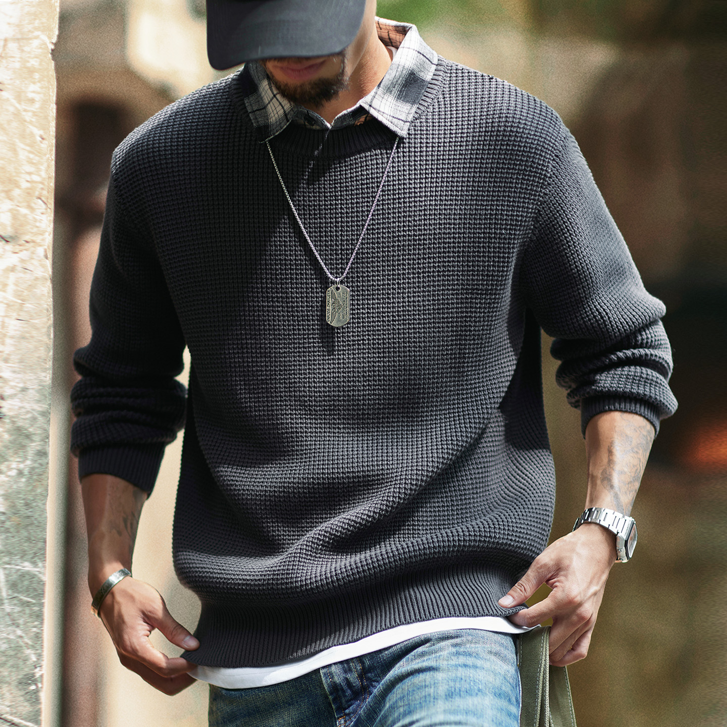 美式復古假兩件襯衫領毛衣男2025秋冬新款鬆弛感加厚保暖針織衫