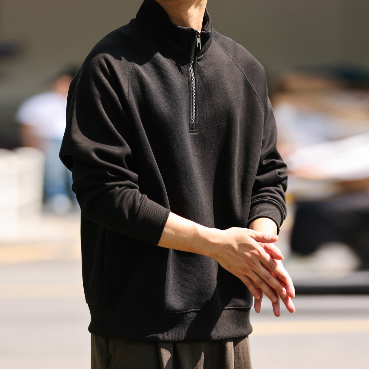 美式萊賽爾半拉鍊立領休閒衛衣男士寬鬆插肩袖休閒上衣