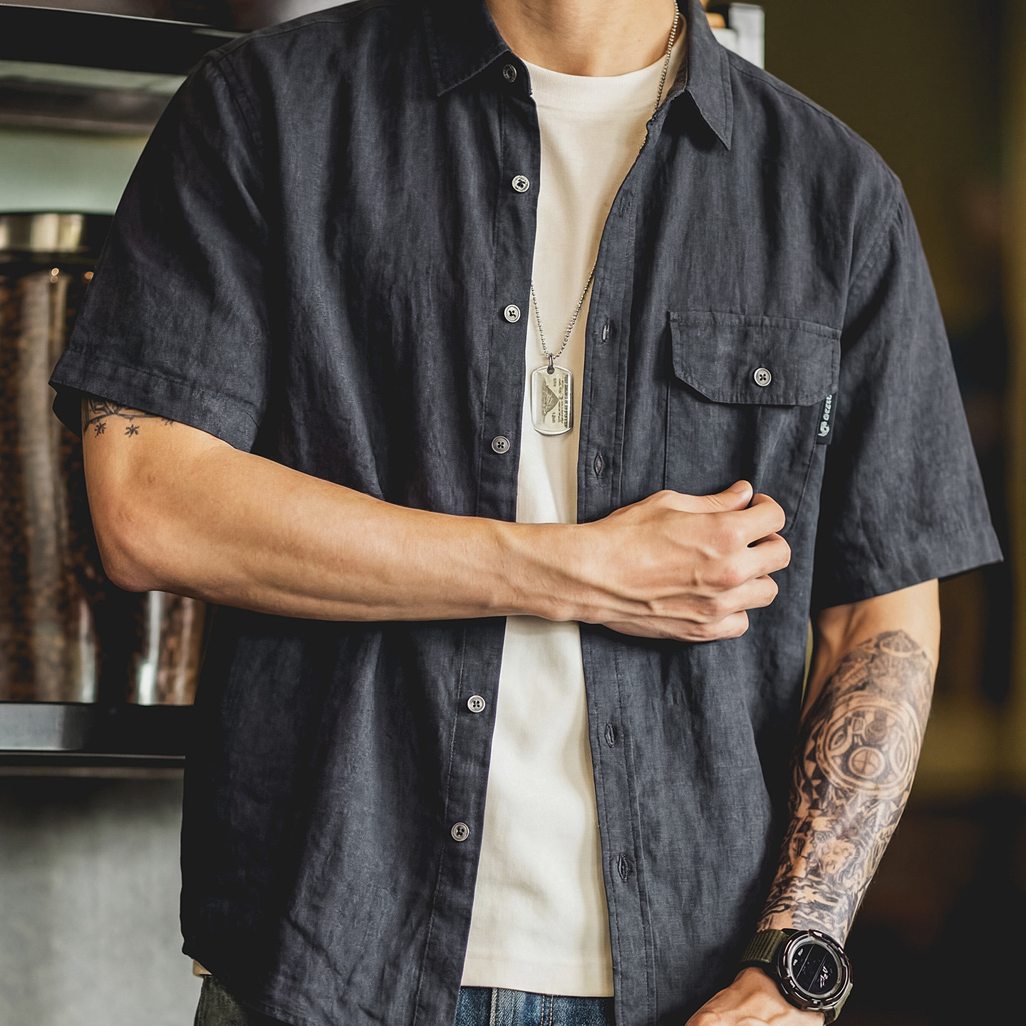 美式工裝短袖襯衫男夏季款寬鬆復古廓形垂感襯衣翻領透氣半袖外套