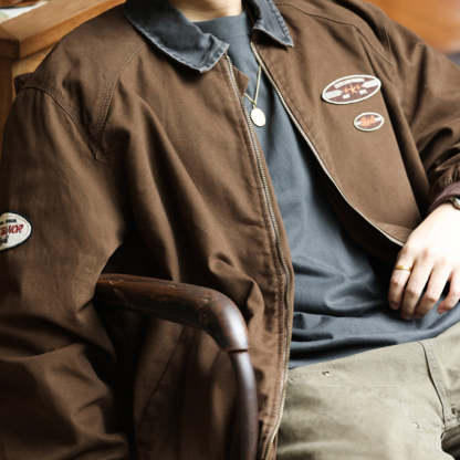 美式復古底特律夾克男廓形重磅洗褪純棉翻領撞色休閒寬鬆外套-Retro's Wear