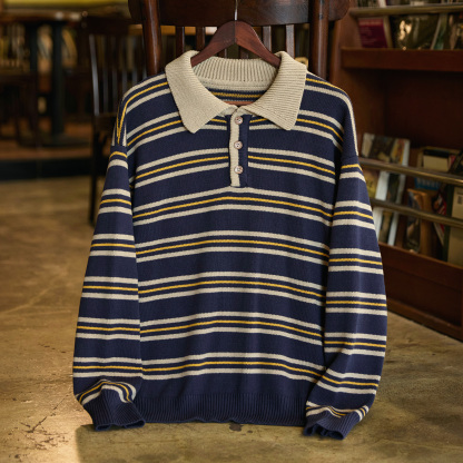 美式復古POLO領條紋毛衣男2025冬季新款寬鬆慵懶風撞色針織衫上衣