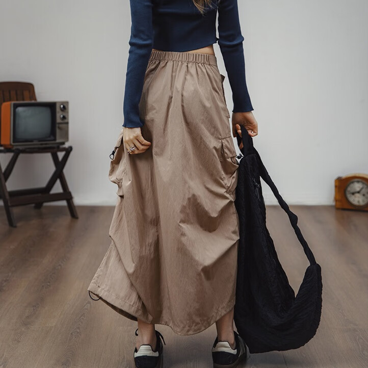 復古工裝a字裙多口袋綁帶抽褶裙子顯瘦中腰半身長裙女春