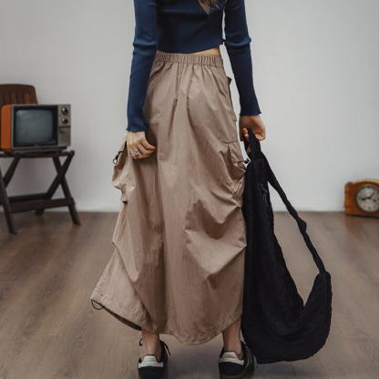 復古工裝a字裙多口袋綁帶抽褶裙子顯瘦中腰半身長裙女春