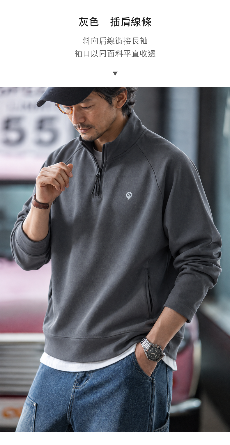 Vintage Stand-Collar Half-Zip Solid Long-Sleeve Men's Sweatshirt, Raglan Fit · 08-S02
