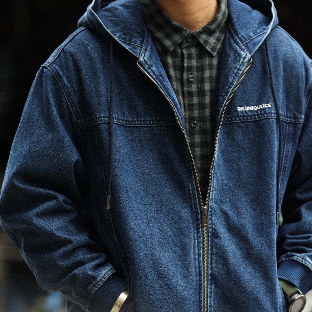 美式休閒連帽牛仔外套男寬鬆丹寧水洗重磅拉鍊工裝夾克