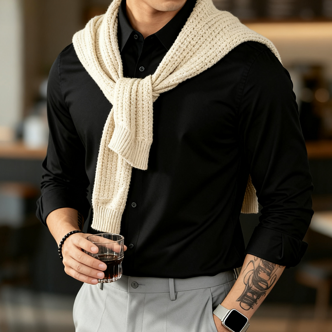 抗皺免燙莫代爾長袖襯衫男美式休閒通勤外搭襯衣打底衫