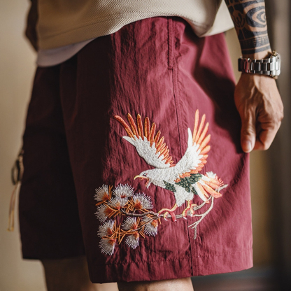 美式橫須賀刺繡短褲寬鬆紅色塔絲隆沙灘薄款五分褲男夏季