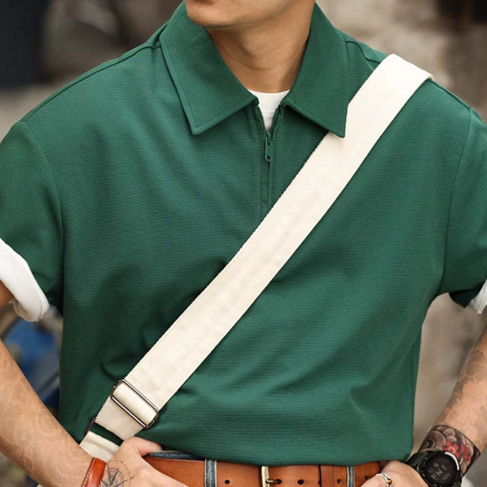 美式休閒半拉鍊翻領POLO衫男260g重磅肌理感寬鬆短袖T恤