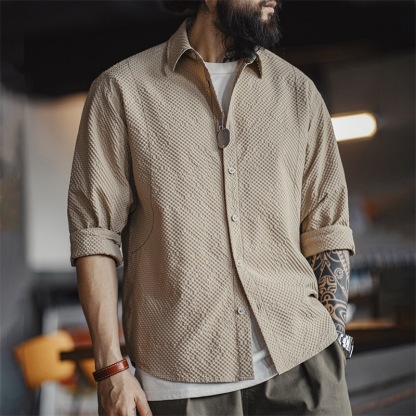 美式休閒泡泡紗免燙長袖襯衫肌理感薄款翻領襯衣外套男秋-Retro's Wear