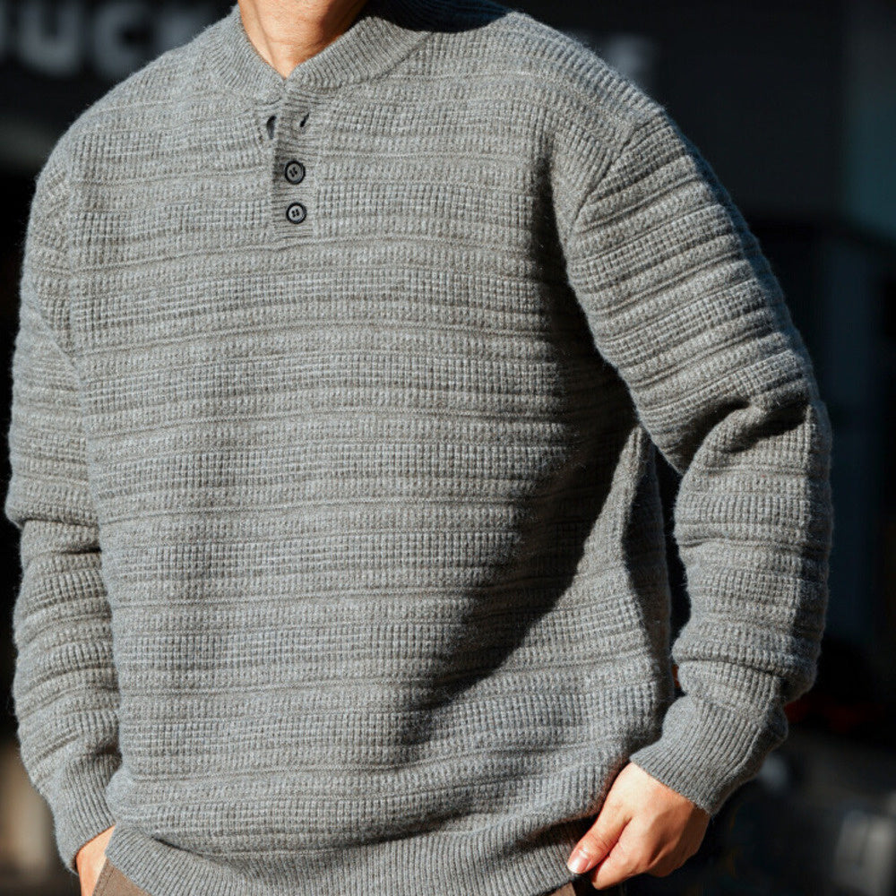 美式慵懶風亨利領針織毛衣男850g重磅復古肌理感上衣-Retro's Wear