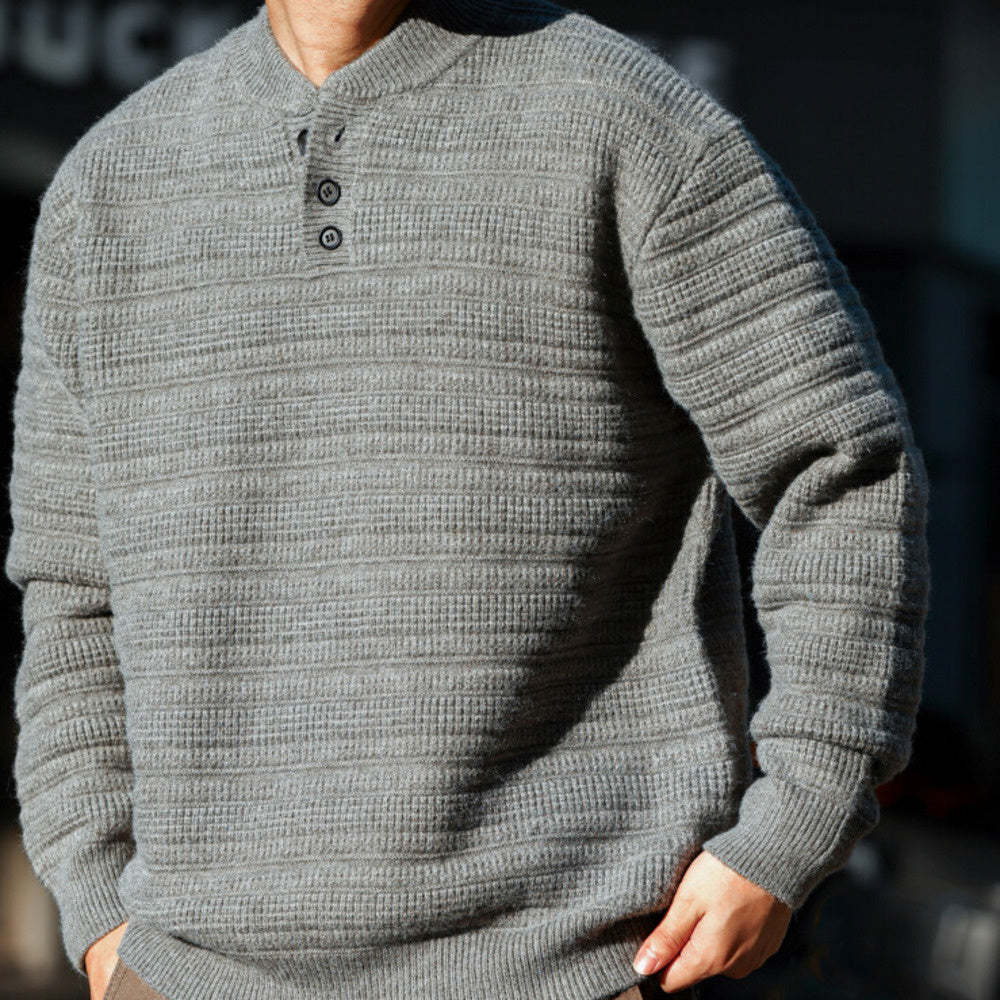 美式慵懶風亨利領針織毛衣男850g重磅復古肌理感上衣-Retro's Wear