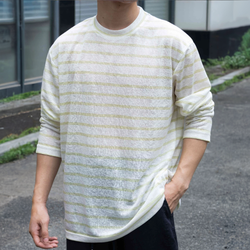 萊賽爾天絲透氣長袖T恤 男士涼感條紋寬鬆薄款防曬衫