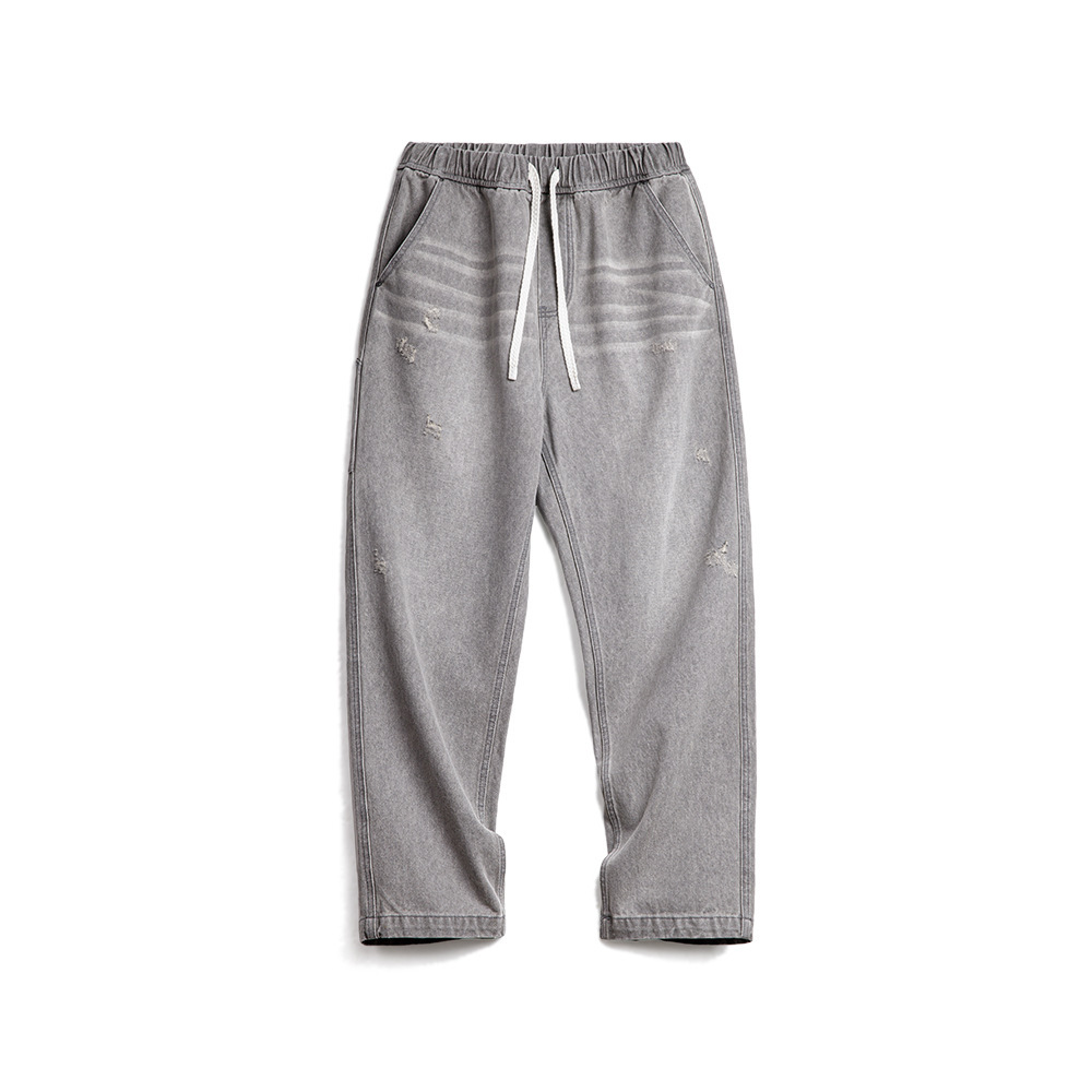 美式復古水洗做舊格雷系灰牛仔褲破洞猫須伐木直筒褲男春