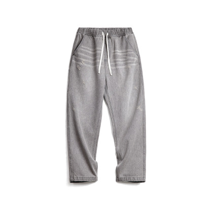 美式復古水洗做舊格雷系灰牛仔褲破洞猫須伐木直筒褲男春