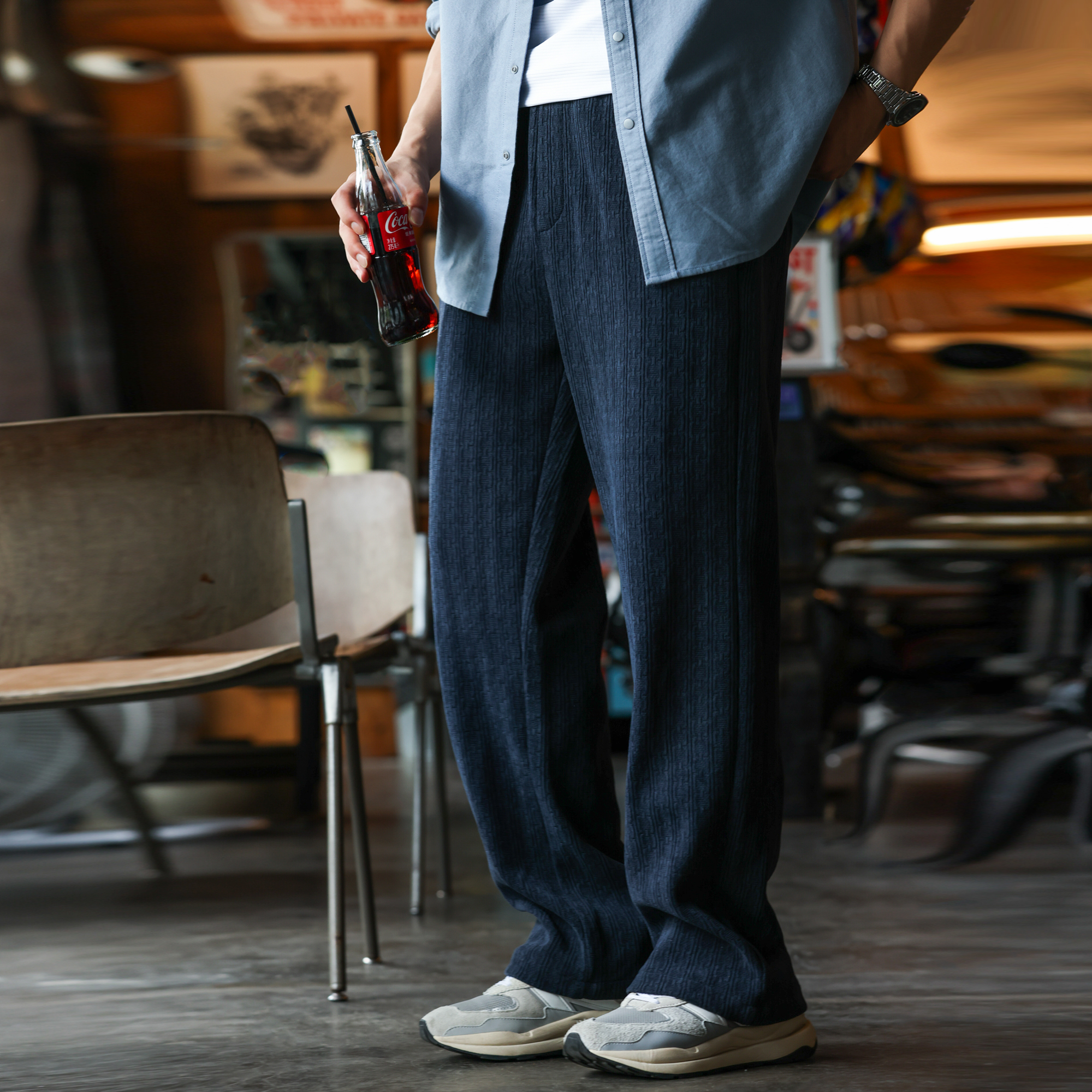 美式復古400g重磅毛呢衛褲男法工藍提花肌理針織休閒褲