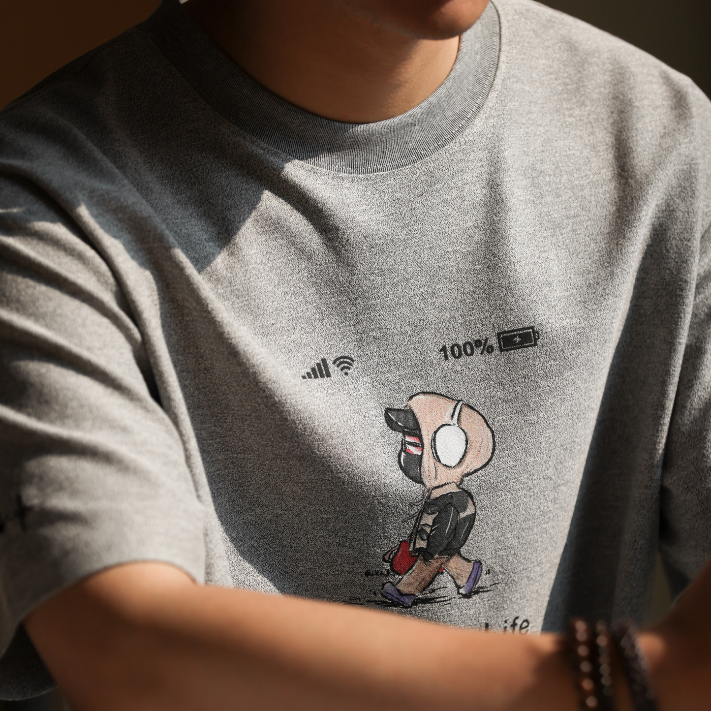 磨褶肌理感印花刺繡短袖T恤男士美式休閒寬鬆趣味打底衫