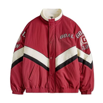美式復古拼接撞色賽車夾克紅色翻領加厚保暖棉服外套男冬