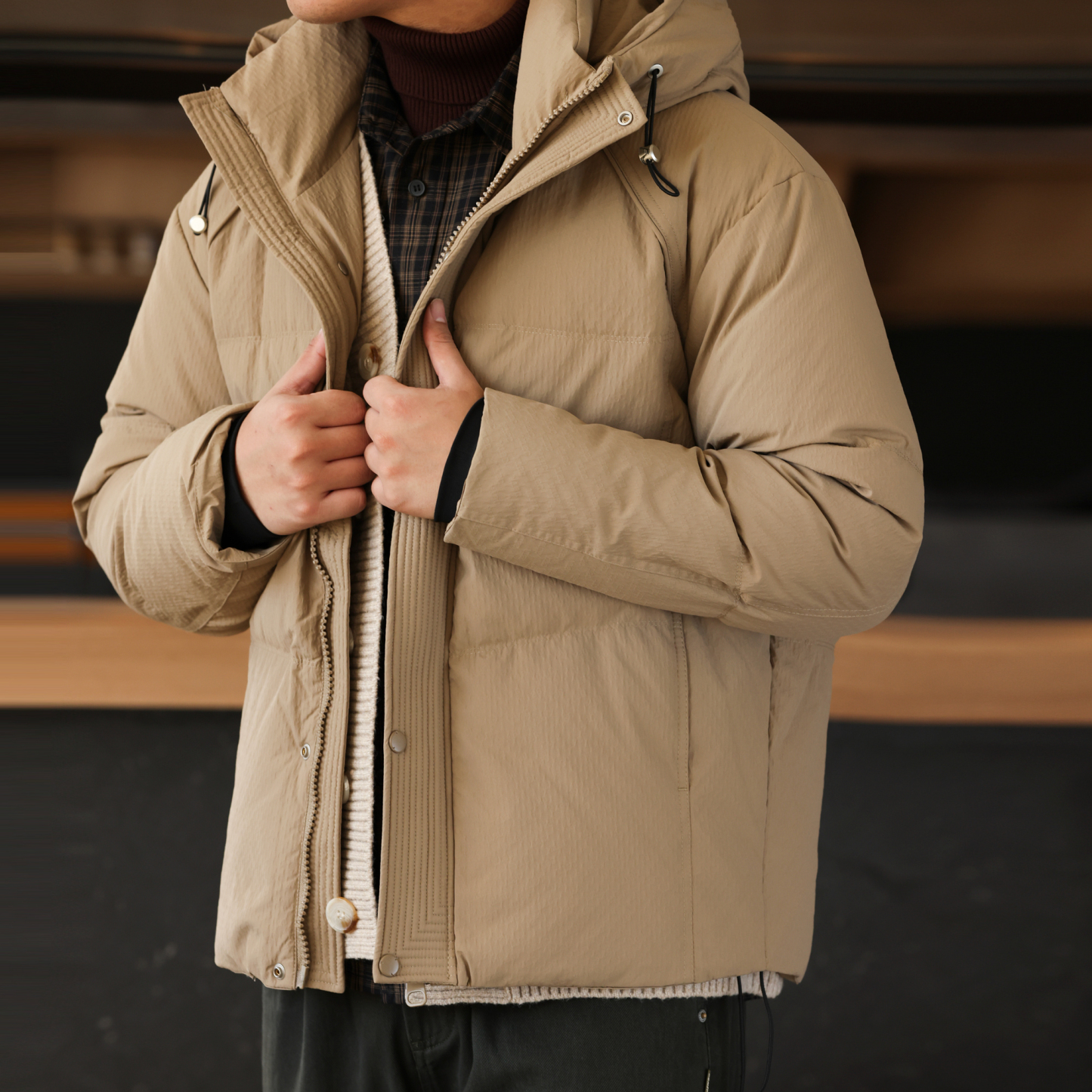 冬季泡泡肌理連帽羽絨服男美式復古90白鴨絨麵包服外套