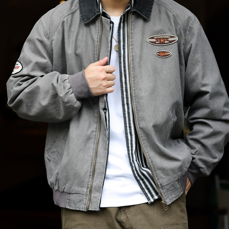 美式復古底特律夾克男廓形重磅洗褪純棉翻領撞色休閒寬鬆外套-Retro's Wear