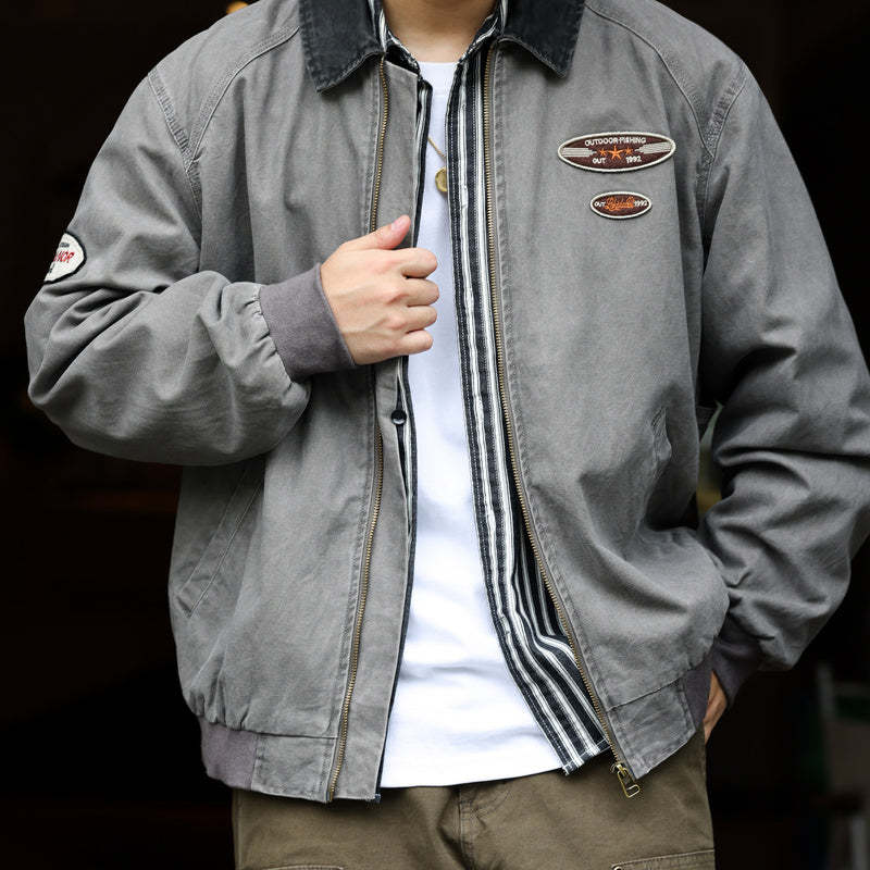 美式復古底特律夾克男廓形重磅洗褪純棉翻領撞色休閒寬鬆外套-Retro's Wear