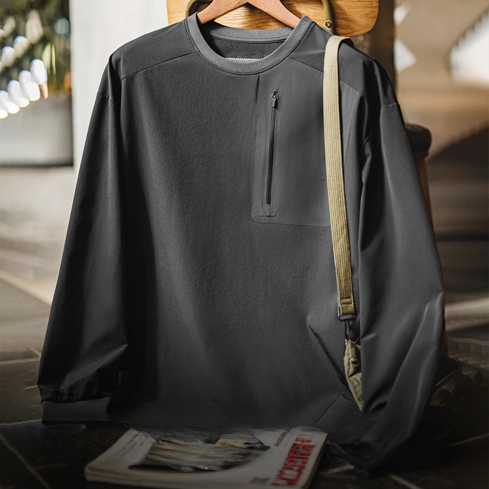 美式復古戶外機能風運動長袖圓領梭織落肩袖寬鬆衛衣男春