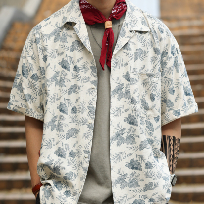 美式休閒古巴領亞麻短袖襯衫男夏季復古度假風半袖襯衣