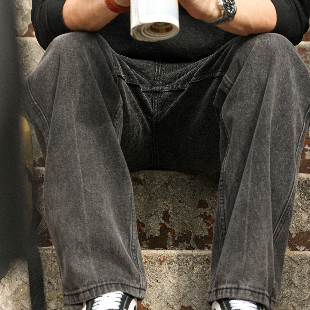 美式復古水洗黑色牛仔褲男士vintage重磅垂墜感直筒闊腿長褲-Retro's Wear