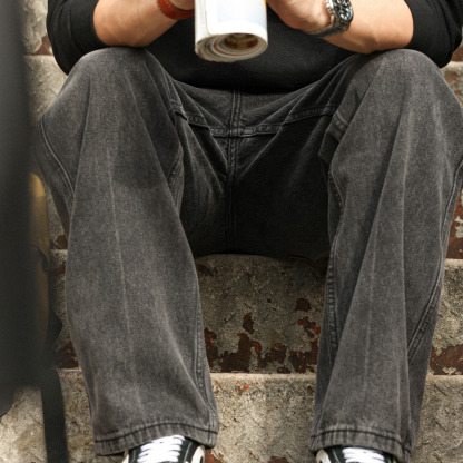 美式復古水洗黑色牛仔褲男士vintage重磅垂墜感直筒闊腿長褲-Retro's Wear