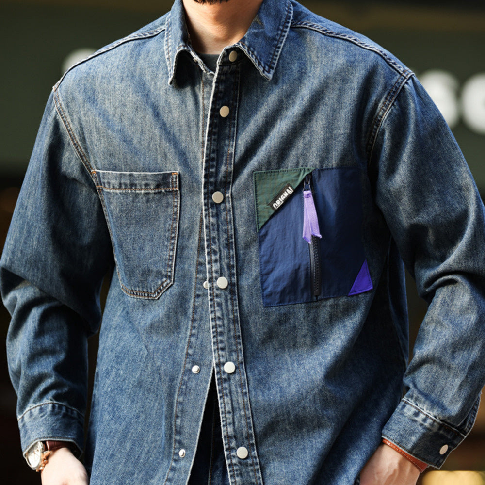 美式復古賽絡紡牛仔襯衫男戶外撞色拼接口袋工裝襯衣外套秋-Retro's Wear