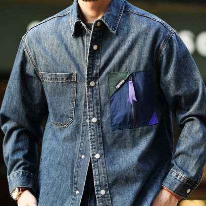 美式復古賽絡紡牛仔襯衫男戶外撞色拼接口袋工裝襯衣外套秋-Retro's Wear