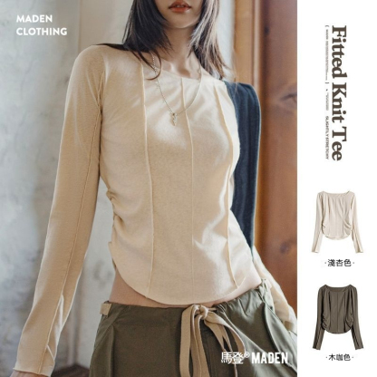 大領口薄款針織正肩長袖t恤魚骨收腰修身上衣打底罩衫女士夏