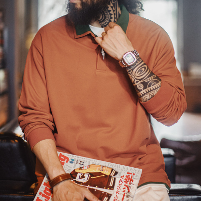 美式復古納瓦霍polo領衛衣假兩件長袖橘色針織polo衫男秋