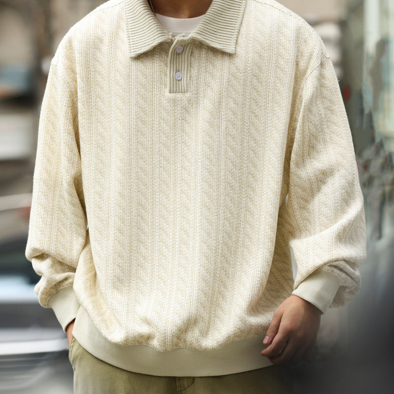 織條肌理鬆弛感翻領衛衣男美式休閒學院風寬鬆長袖POLO上衣-Retro's Wear