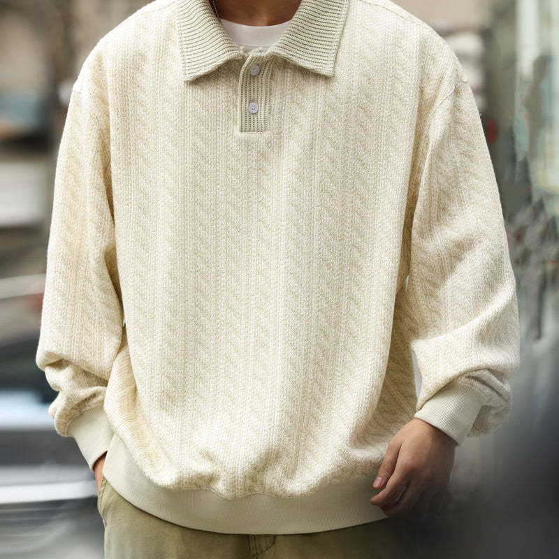 織條肌理鬆弛感翻領衛衣男美式休閒學院風寬鬆長袖POLO上衣-Retro's Wear