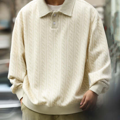 織條肌理鬆弛感翻領衛衣男美式休閒學院風寬鬆長袖POLO上衣-Retro's Wear