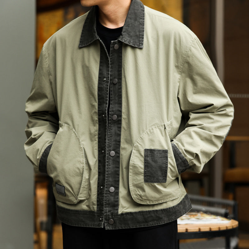 美式復古工裝G9哈靈頓夾克男撞色拼接翻領機車cleanfit外套-Retro's Wear