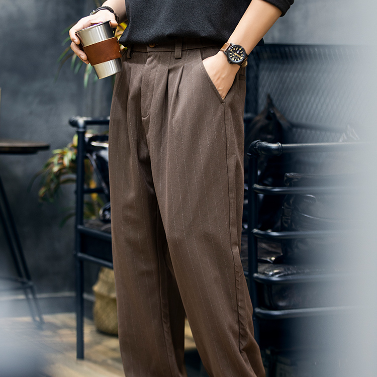 美式細條紋垂感休閒褲男2025秋季寬鬆大碼直筒長褲男士高級感西褲