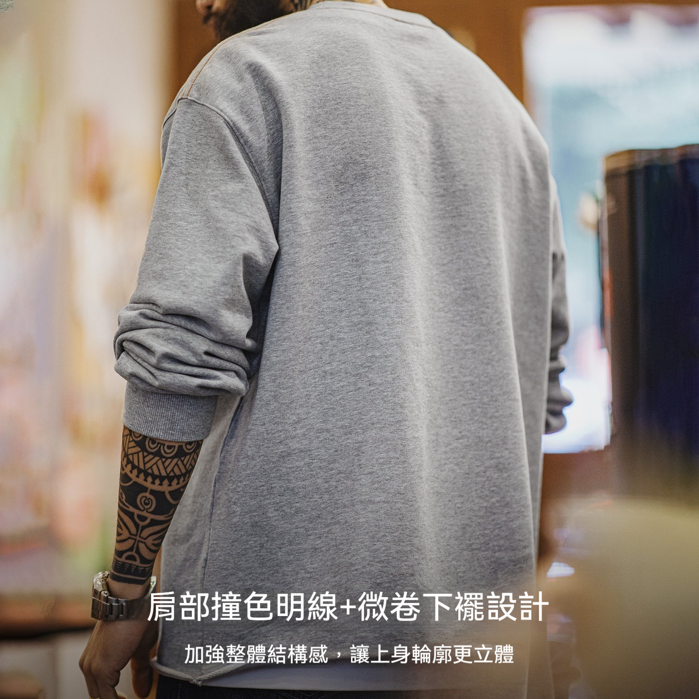 美式灰色卷邊全純棉衛衣寬鬆套頭印花刺繡長袖T恤男款春