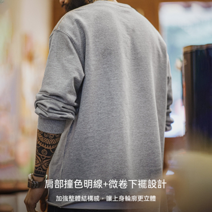 美式灰色卷邊全純棉衛衣寬鬆套頭印花刺繡長袖T恤男款春