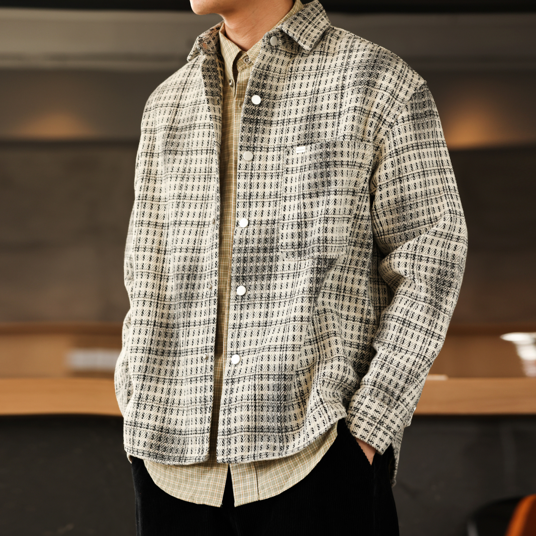 美式復古雙色格紋襯衣夾克男廊型加厚重磅休閒襯衫外套