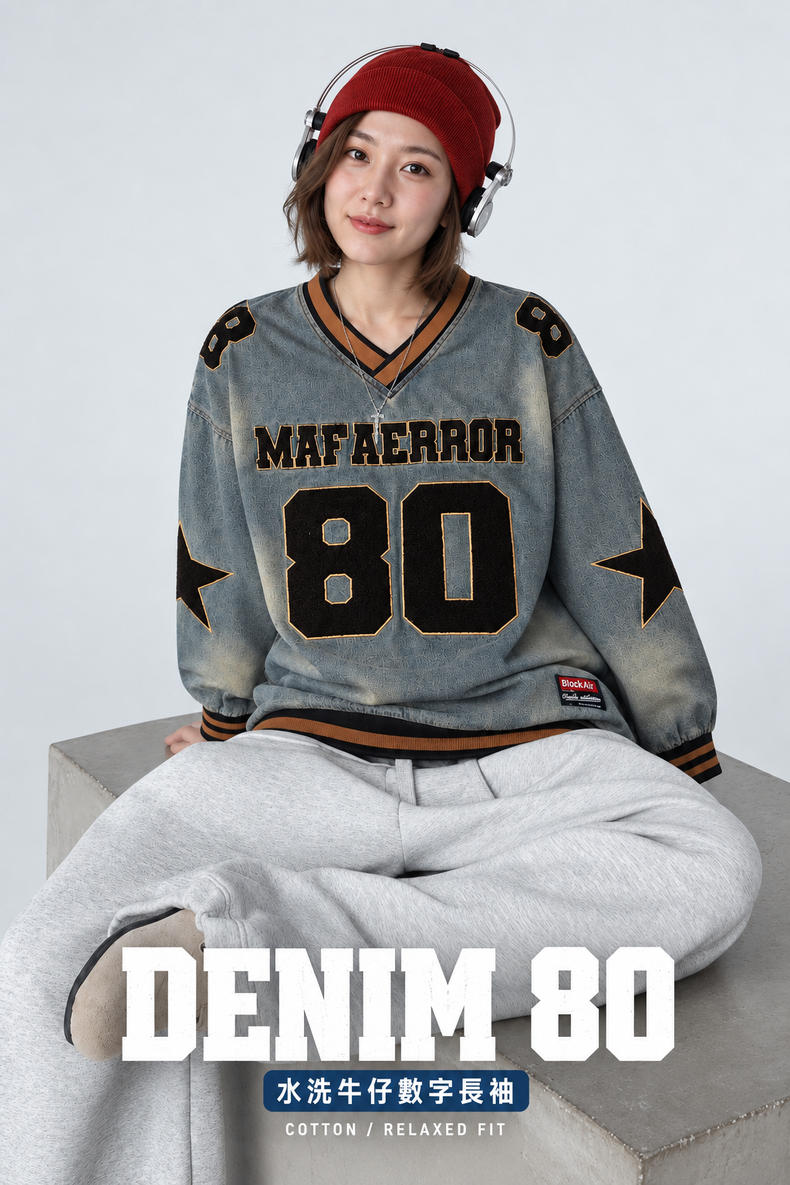 Washed Denim Number Patch V-Neck Long-Sleeve Top · 02-hero