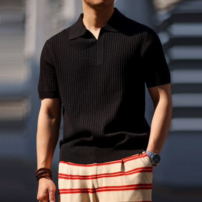 萊賽爾亞麻短袖V領Polo衫男意式老錢簡約翻領針織T恤夏