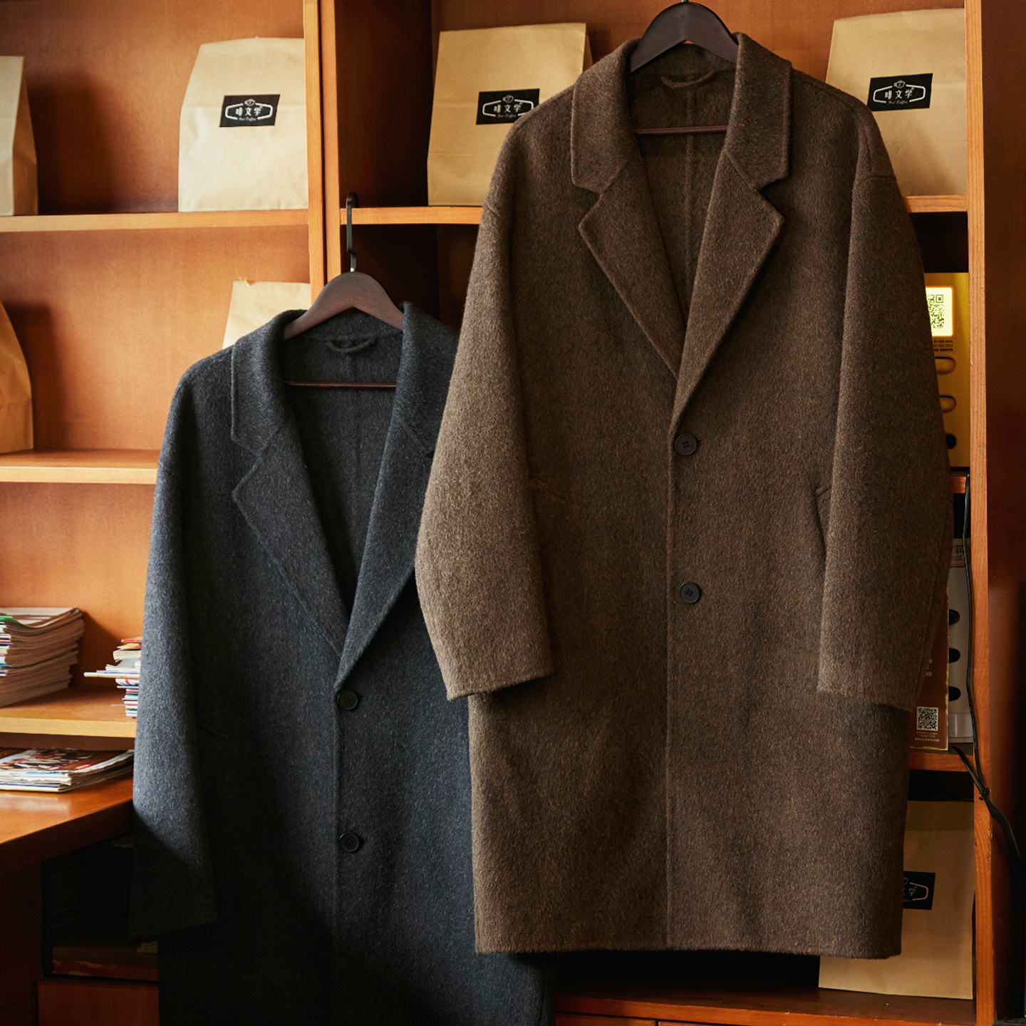 雙面羊絨平駁領毛呢大衣男士2025冬季新款通勤保暖中長款羊毛外套