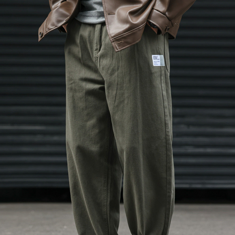 日系復古運動垂感休閒褲子男寬鬆做舊打褶vibe直筒褲子