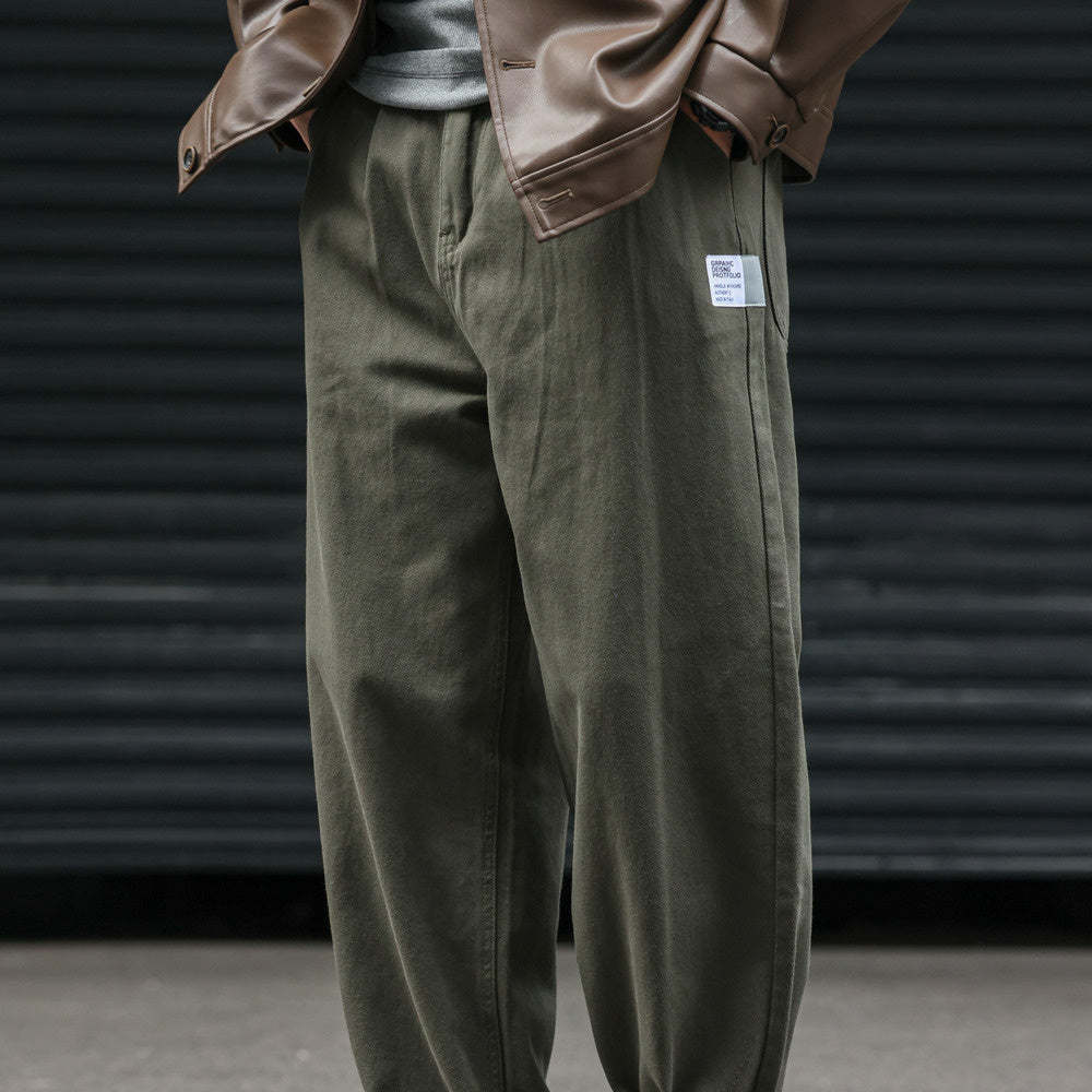 日系復古運動垂感休閒褲子男寬鬆做舊打褶vibe直筒褲子